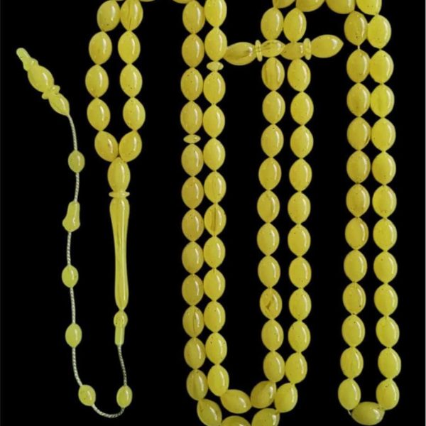 Sarı Naturel Amber Tesbih – 99 Tane, Oval Kesim